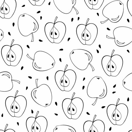 Black contour apple, half apple and seeds background. Seamless pattern. Doodle sketch Vector illustration. Design for fabric, scrapbooking, packaging paper, wallpaper, wrapping, menuの写真素材
