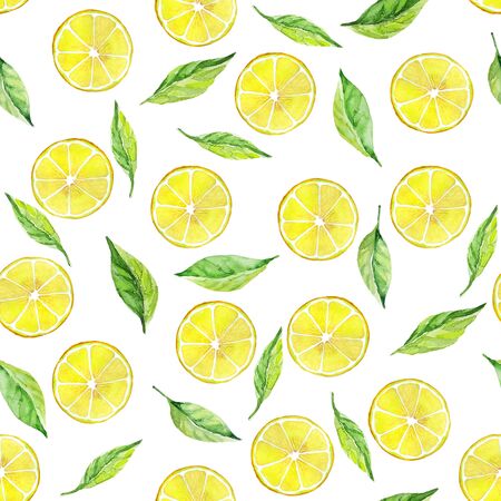 Lemon slices with leaves on white background. Seamless watercolor illustration. Design for fabric, scrapbooking, packaging paper, wallpaper, wrappingの写真素材
