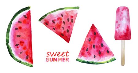Set of red watermelon slice and pink icepop. Red fruit set. Fresh Summer watercolor illustration. Sweets isolated on white backgroundの写真素材