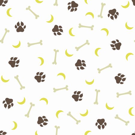 Dogs paws traces and stones and moons. Vector illustration. Brown stamps on white background. Seamless pattern. For logo, wallpaper, fabric, packing, wrapper, scrapbooking, digital paperの写真素材