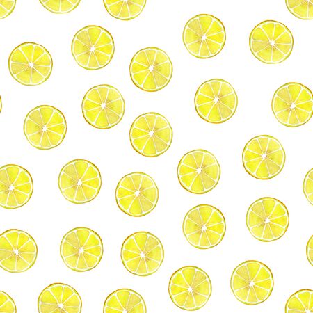 Lemon slices chaos on a white background. Seamless watercolor illustration. Design for fabric, scrapbooking, packaging paper, wallpaper, wrapの写真素材