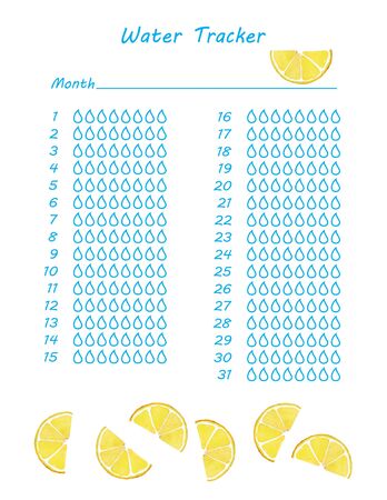 Empty Water tracker. Hydration Tracker Bullet Journal Printable. Monthly Planner. To do list and habit tracker. Page from health journal for 31 days. With watercolor lemon. Thirty-one day Plannerの写真素材