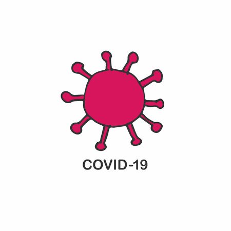 Coronavirus vector doodle sketch. Red bacterium with black contour on white background. Pandemic. Health. inscription Covid-19の写真素材