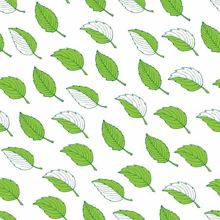 Green leaves vector background. Spring doodle Seamless illustration. Perfect for packaging, wrapping, wallpaper, menu, logo, fabric, party decor, scrapbookingの写真素材