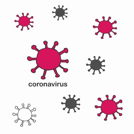 Vector Coronavirus doodle sketch. Red, black, contour bacterium with inscription coronavirus. Isolated on white background. Pandemic. Health.の写真素材
