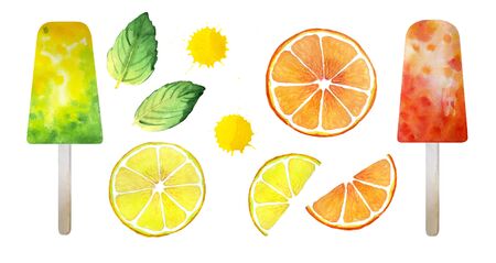 Yellow, orange, green Set. Lemon fruit slice, grapefruit slice, two mint sheets, green and orange icepop, two juice drops. Fresh Summer watercolor illustration. Isolated on whiteの写真素材