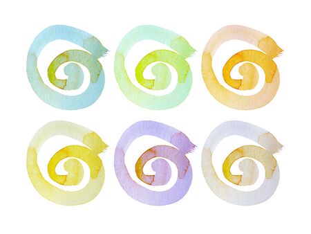 Rainbow set of pastel spirals. Watercolor hand drawing spirals on white Background. Grunge icon, symbol, logo, party decor, for cardの写真素材