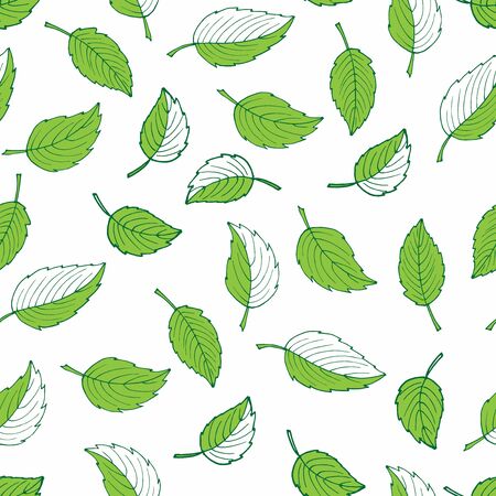 Vector background with Green leaves . Spring doodle Seamless pattern. Hand drawn illustration. Perfect for packaging, wrapping, wallpaper, menu, logo, fabric, party decor, scrapbookingの写真素材