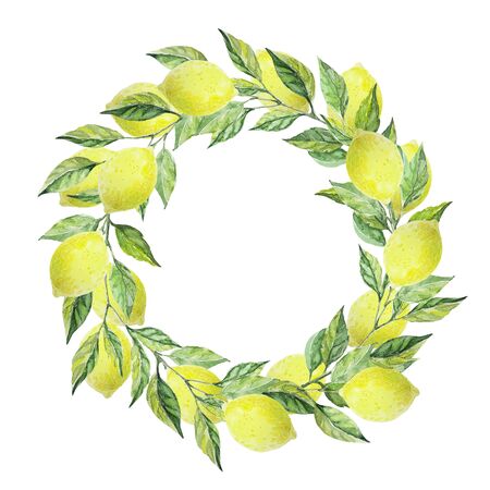 Wreath of leaves with green leaves and yellow lemons lemon fruit. Watercolor hand drawn illustration. Ideal for cards, invitations, congratulations, save date.の写真素材