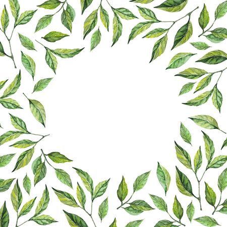 Floral pattern. Watercolor leaves and branches frame. Perfect for Invitation cards template, scrapbooking, eco-style party design, photo and textの写真素材
