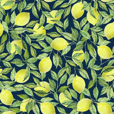 lemons with branches seamless pattern on a dark blue background. Watercolor illustration. Design for fabric, scrapbooking, packaging paper, wallpaper, wrapの写真素材