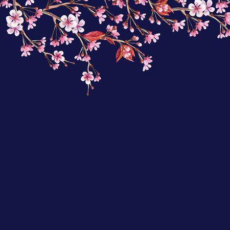 Border of branches Japanese cherry on dark blue. Watercolor seamless. Ideal for packaging eco-friendly products, scrapbooking, eco-style party design, card, invitations, congratulationsの写真素材