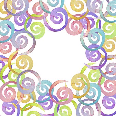 Rainbow spirals frame. Round hand drawn border on white Background. Watercolor illustration. Empty template for postcard, photo, light, text. For scrapbooking, party decor, kids creativityの写真素材