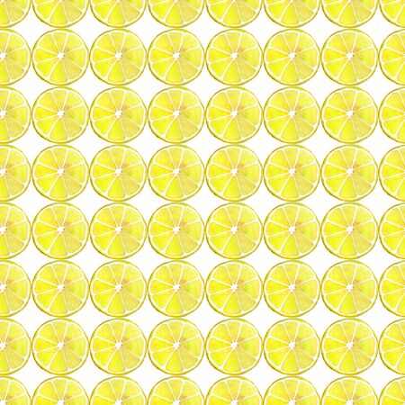 Lemon slices stand in rows on a white background. Seamless watercolor illustration. Design for fabric, scrapbooking, packaging paper, wallpaper, wrapの写真素材