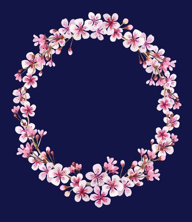Oval Wreath frame with flowers and buds of sakura on dark blue. Background for wedding invitations, congratulations, messages, save date, cards.の写真素材