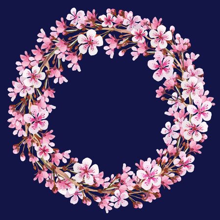 Wreath frame with flowers and buds of sakura on dark blue. Background for wedding invitations, congratulations, messages, save date, cards.の写真素材