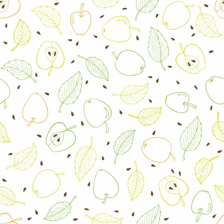 Apple seamless pattern. Pastel orange, yellow, green fruit and leaves digital paper. Linear hand drawn sketch. Round apples, apple halves, leaves, seeds. Vector wallpaper, packaging, wrapping.の写真素材