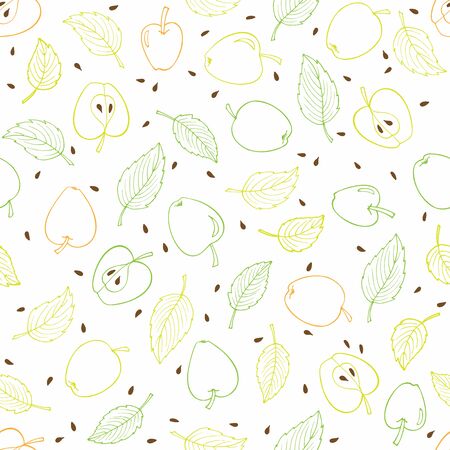 Apple seamless pattern. Pastel orange, yellow, green fruit and leaves digital paper. Linear hand drawn sketch. Round apples, apple halves, leaves, seeds. Vector wallpaper, packaging, wrapping.