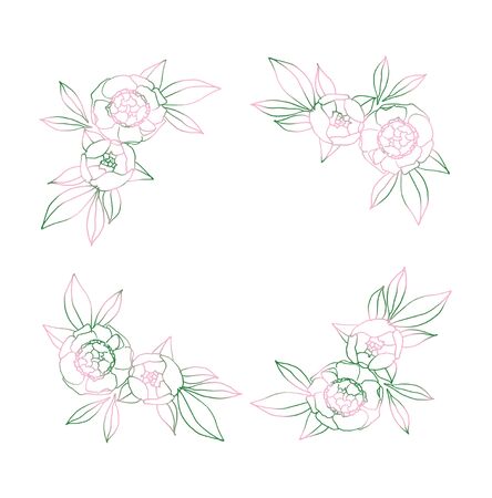 Flowers frame. Pink and green natural hand drawing illustration for congratulations, invitations, photoの写真素材
