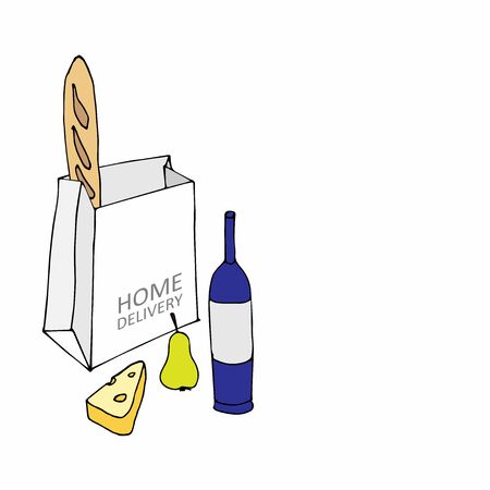 Paper bag with products. Wine, cheese, fruit, bread isolated on a white background. Paper containers for takeaway food. Express food delivery and shopping. Eco packing. Hand drawn doodle sketchの写真素材