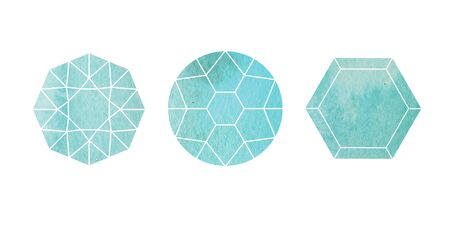 Blue cut watercolor gemstones icons with white contour. Line sketch with watercolor background. Crystals stone isolated. Set of jewel, mineral stony. Side, Bottom, Top Viewの写真素材