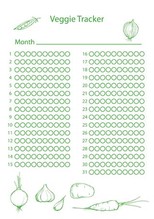 Vector Vegetable tracker. Healthy Tracker Bullet Journal Printable. Monthly Planner. Vector Page from health journal for 31 days. Doodle style. Thirty-one day Planner.の写真素材