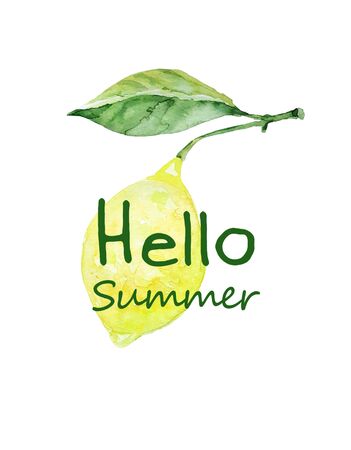 Lemon with inscription Hello Summer. Summer illustration. Watercolor citrus with a leaf. Tropical fruit.の写真素材