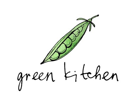 Green peas. Line art style With bright green watercolor background. Inscription Green kitchen For logo, menu, icon farmers market, packing, kitchen print, wall decorの写真素材
