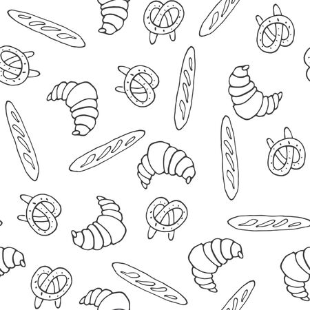 Croissant, long loaf and pretzels seamless pattern. Gray white sketch illustration. Hand drawn bread digital paper. Doodle. For logo, wallpaper, fabric, packing, wrapper, menuの写真素材