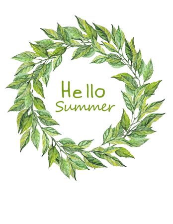 Wreath of green leaves. Foliage frame with inscription Hello Summer. Watercolor Summer illustration. laurel wreath borderの写真素材