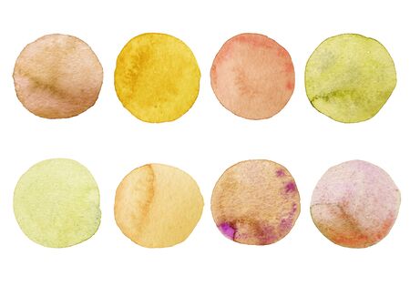 Set of yellow and orange watercolor circles. Hand painted Spots on white background. Round. Isolated. Blobs of different colorsの写真素材