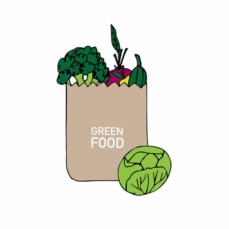Paper bag with vegetables and fruits. Craft Shopping Package. Broccoli, marrows, beets, apple in delivery box with cabbage isolated on a white background. Express food delivery and shopping.の写真素材
