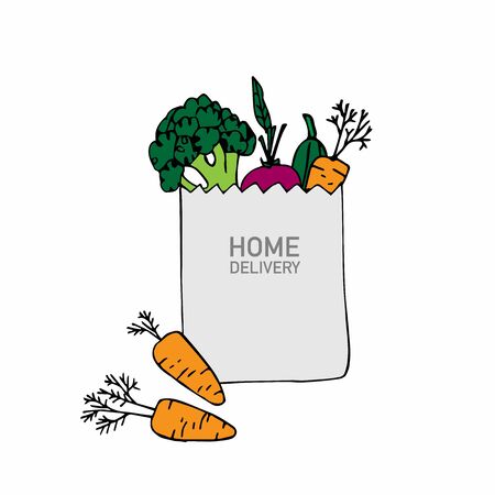 Delivery food service background. Paper bag with vegetables. Craft package with food, vegetables. Cartoon drawing with local farm products. Set of vegetarian food. Farmers market vegetablesの写真素材