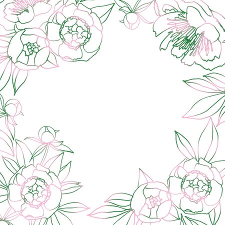 Frame for your photo or text with peony. Pink and green natural hand drawing illustration for congratulations, invitationsの写真素材