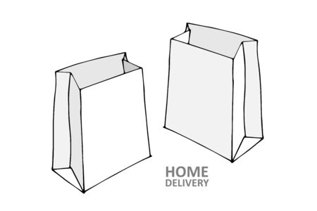 Two gray packages for food. Line sketch style. Hand drawn illustration on white background. Paper bags. Doodle style. Sale. Two packages for groceries. Delivery food serviceの写真素材
