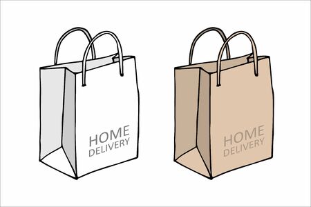Set of shopping bags isolated. Line sketch style. Hand drawn illustration on white background. Package. Paper bags. Doodle style. Sale. Two packages for shopping with grips. Home delivery foodの写真素材