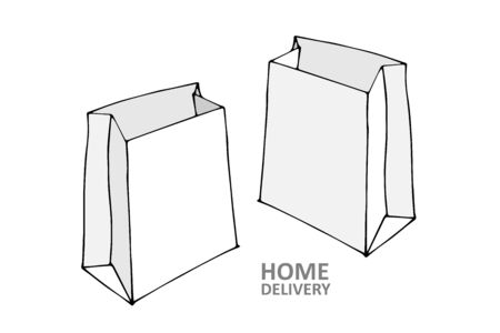 Two gray packages for food. Line sketch style. Hand drawn illustration on white background. Paper bags. Doodle style. Sale. Two packages for groceries. Delivery food serviceの写真素材