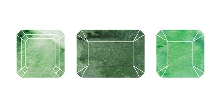 Emerald cut watercolor gemstones icons with white contour. Line sketch with watercolor background. Crystals stone isolated. Set of jewel, mineral stony. Side, Bottom, Top View. Bordeauxの写真素材