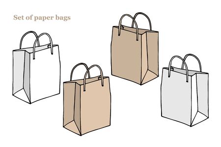 Set of Empty Shopping Bags with handles Isolated on White. Vector isolated paper handbag set for shopping. Line sketch style. Home delivery food. Paper package collection. Online order.の写真素材