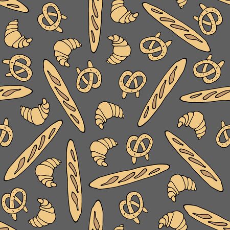 Pretzel, croissant, bread baguette background. Seamless pattern. Vector sketch illustration. Hand drawn pastries digital paper. Bread isolated top view. For Business Baking and Selling Bakery Productsの写真素材