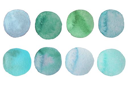 Set of blue and green watercolor dots. Hand painted Spots on a white background. Round, circle. Isolated. Blobs of different colorの写真素材