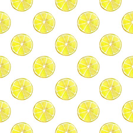Lemon slices on diagonal on a white background. Seamless watercolor illustration. Design for fabric, scrapbooking, packaging paper, wallpaper, wrapの写真素材