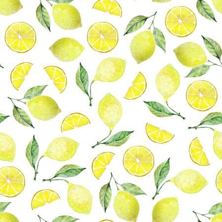 Lemon with leaves, lemon slice, half lemon slice in messy pattern on white background. Seamless watercolor illustration. Design for fabric, scrapbooking, packaging paper, wallpaper, wrapの写真素材