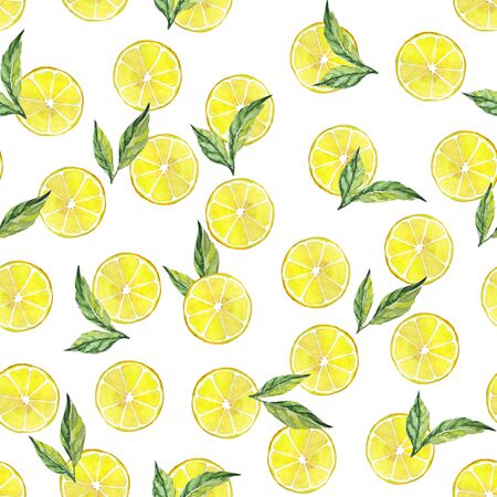 Lemon slices with tea leaflets on a white background. Seamless watercolor illustration. Design for fabric, scrapbooking, packaging paper, wallpaper, wrapの写真素材