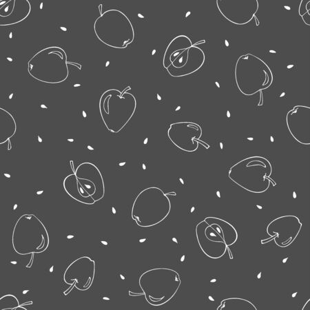 Seamless pattern with white apples and seeds on dark grey background. Linear hand drawing. Digital paper for scrapbooking, child creativity, gift packagingの写真素材