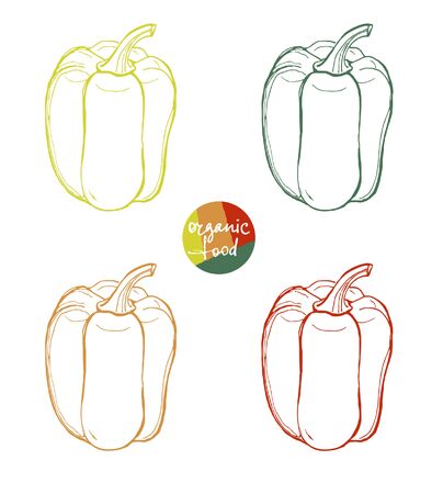Sweet peppers. Paprika red green orange yellow sketch. Vegetables set on a white background. Design for logo, scrapbooking, packaging, farmers market, kitchen print, menu, vegetarian food recipeの写真素材