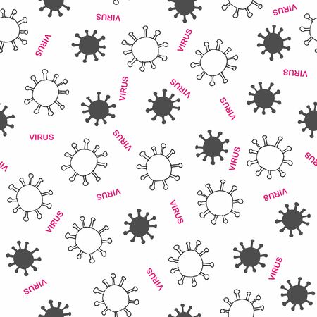 Virus background. Seamless Doodle sketch with virus signs and inscription virus on white background. Pandemic. Health. Hand drawn illustrationの写真素材