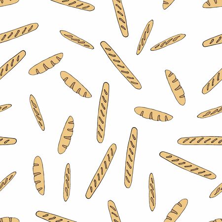 Bread baguette background. Seamless pattern. Doodle sketch illustration. Hand drawn bread digital paper. Bread isolated top view. Long loafs backdrop. For Business Baking and Selling Bakery Productsの写真素材