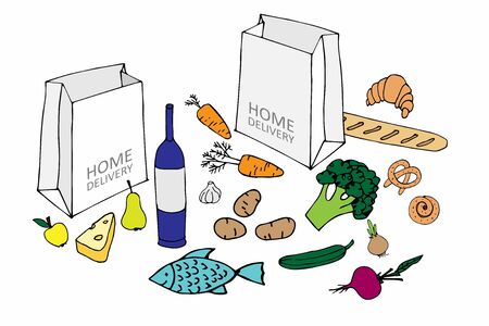 Set of products. Two paper bags with foods around. Lots of products, big food delivery home. Cartoon set. Online shopping, Express delivery. Ingredients for home recipesのイラスト素材