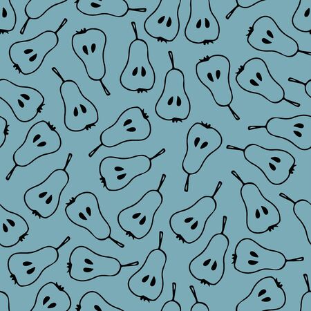 Seamless pattern with pears. Linear Cartoon sketch. Black fruits on blue background. Healthy food Vector doodle illustration. For store or farmers market decoration, food packaging, wrappingのイラスト素材
